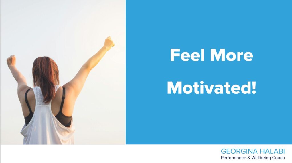 A woman with her back to the camera, arms raised in a gesture of success and empowerment against a soft morning sky. Text overlay reads "Feel More Motivated!"